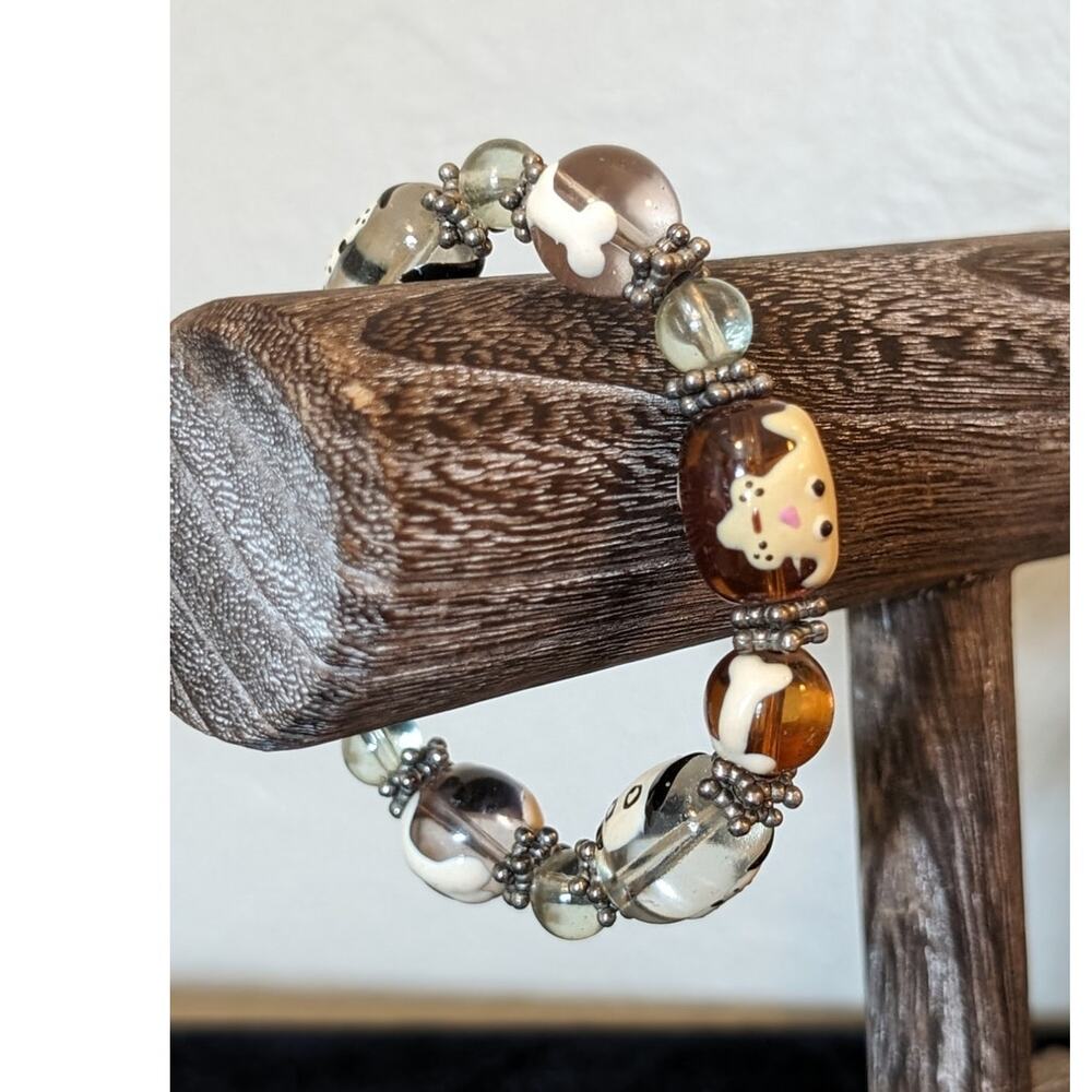 Dog Paw Bone Bead Stretch Bracelet W/ Silver Tone Beads